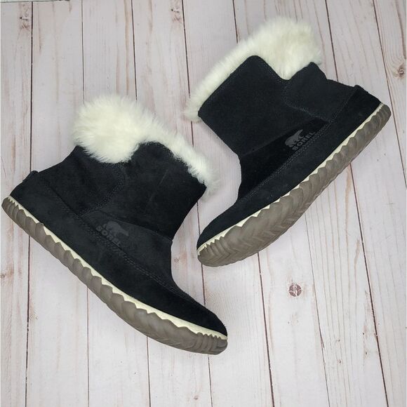 Sorel Shoes - Sorel Cream Faux Fur Black Suede Out N About Winter Boots